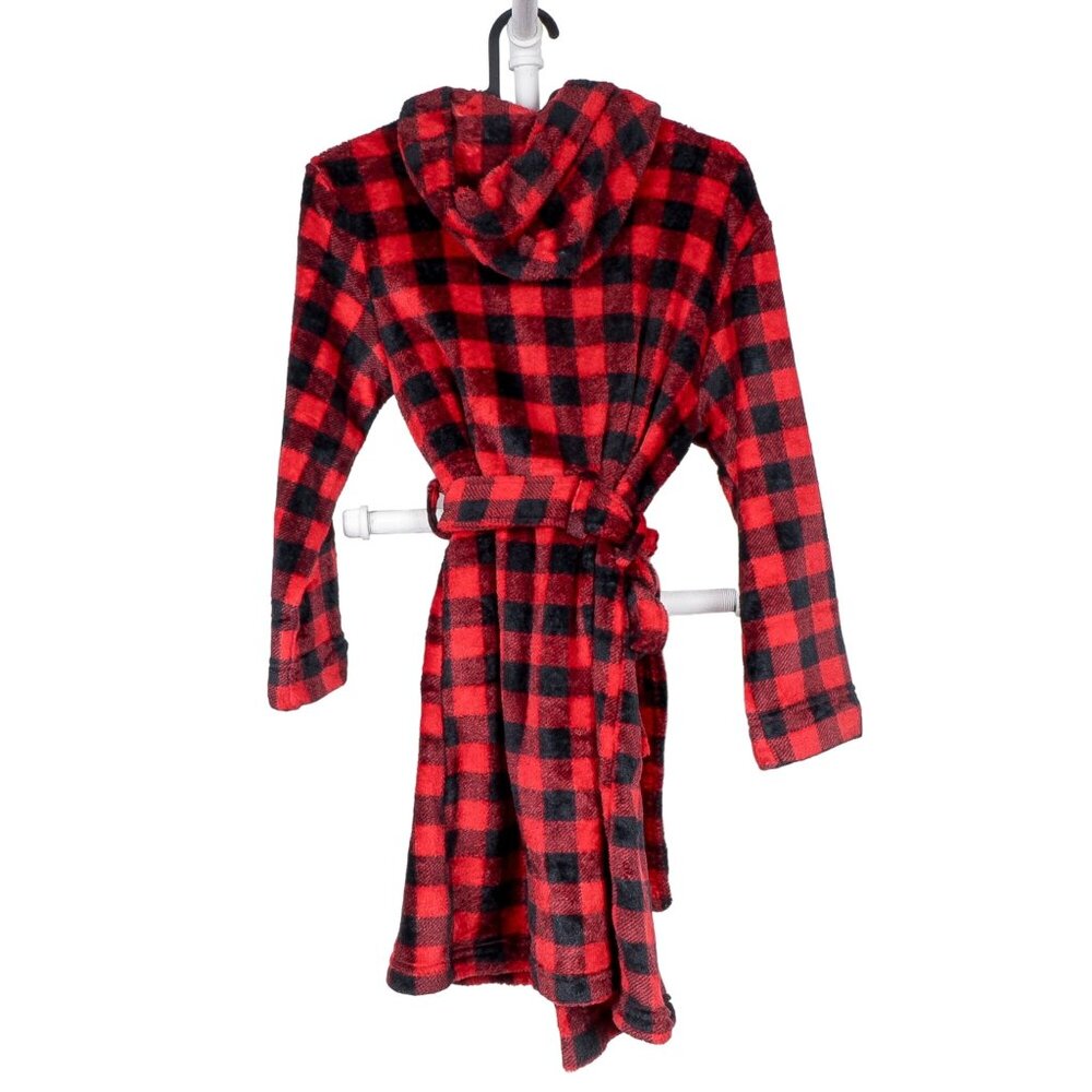 Eddie Bauer Robe S 7 8 Youth Buffalo Plaid Red Black Fleece Boys Christmas Hood - Picture 5 of 5